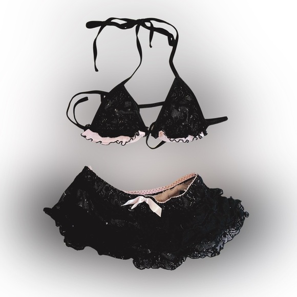 Black Lace Ruffle Lingerie Set – Two Piece Bra & Skirt Pink Accents LEG AVENUE - Picture 2 of 7